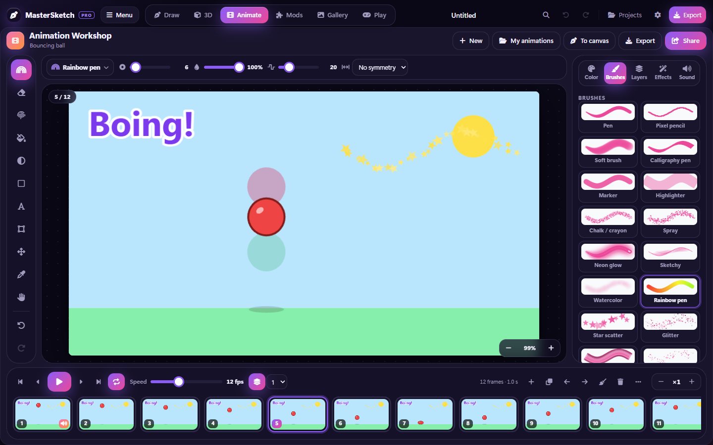 The Animation Workshop in MasterSketch 6.1: a bouncing ball with onion skin, a title on the front layer and every brush from the drawing canvas
